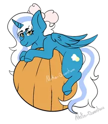 Size: 950x1090 | Tagged: safe, artist:nuka-quantum, derpibooru import, oc, oc:fleurbelle, unofficial characters only, alicorn, pony, alicorn oc, bow, female, hair bow, horn, image, looking at you, mare, png, pumpkin, simple background, smiling, solo, transparent background, wings, yellow eyes