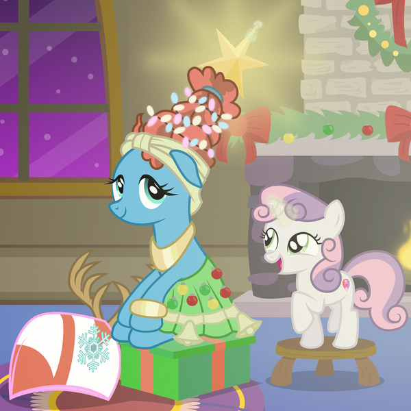 Size: 6969x6969 | Tagged: safe, artist:kmlp, derpibooru import, meadowbrook, sweetie belle, earth pony, pony, unicorn, antlers, carpet, christmas, christmas decoration, christmas lights, cute, derpibooru exclusive, diasweetes, fireplace, floppy ears, happy, healer's mask, holiday, image, mask, png, present, reindeer antlers, smiling, stool