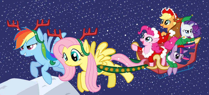 Size: 900x409 | Tagged: safe, artist:looji, derpibooru import, applejack, fluttershy, pinkie pie, rainbow dash, rarity, twilight sparkle, alicorn, deer, pony, unicorn, 2021, christmas, female, holiday, horn, image, mane six, mare, merry christmas, new year, night, png, santa claus, smiling, snow, wings