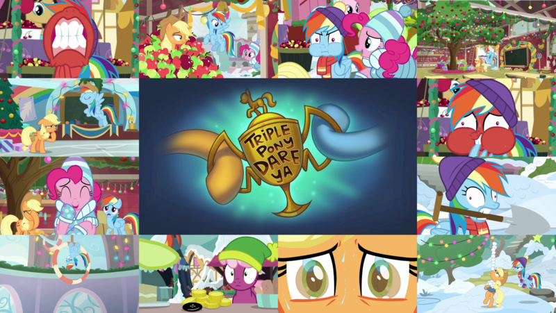 Size: 1968x1109 | Tagged: safe, derpibooru import, edit, edited screencap, editor:quoterific, screencap, applejack, cheerilee, cherry cola, cherry fizzy, granny smith, pinkie pie, rainbow dash, tender brush, winter lotus, earth pony, pegasus, pony, triple pony dare ya, apple, apple tree, bipedal, biting, bits, clothes, cowboy hat, desperation, duo, duo female, eyes closed, female, flying, food, funny, giggling, gritted teeth, hat, hatless, image, missing accessory, nose in the air, open mouth, png, rage, red face, scarf, school of friendship, shovel, sweat, sweater, tallulah, tree, trio, trio female, wing bite, winter hat, winter outfit