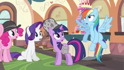 Size: 1280x720 | Tagged: safe, derpibooru import, screencap, fluttershy, pinkie pie, rainbow dash, rarity, twilight sparkle, earth pony, pegasus, pony, unicorn, mmmystery on the friendship express, apple, bag, cake, flying, food, grape, hat, image, open mouth, orange, png, saddle bag, sherlock, sherlock hat, sitting, surprised, train, unicorn twilight