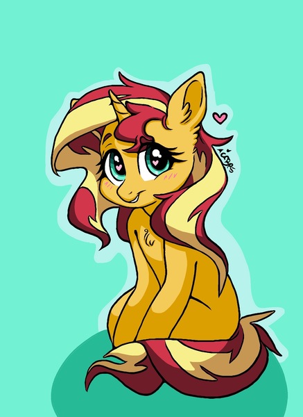 Size: 1496x2055 | Tagged: safe, artist:ameliacostanza, derpibooru import, sunset shimmer, pony, unicorn, blush lines, blushing, chest fluff, cute, digital art, drop shadow, ear fluff, eye clipping through hair, eyebrows visible through hair, female, green background, happy, heart, heart eyes, horn, image, jpeg, mare, missing cutie mark, shimmerbetes, signature, simple background, smiling, weapons-grade cute, wingding eyes