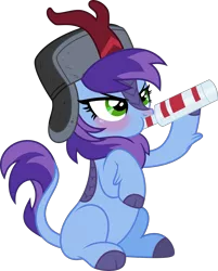 Size: 3615x4500 | Tagged: safe, artist:limedazzle, derpibooru import, oc, oc:cher nobyl, unofficial characters only, kirin, derpibooru community collaboration, 2021 community collab, alcohol, blushing, drinking, hat, hoof hold, image, kirinified, png, show accurate, simple background, solo, species swap, transparent background, ushanka, vodka