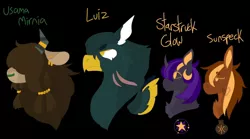 Size: 1280x712 | Tagged: safe, artist:lepiswerid, derpibooru import, oc, oc:luiz, oc:starstruck glow, oc:sunspeck, oc:usama mirnia, unofficial characters only, earth pony, gryphon, pony, unicorn, yak, adopted oc, adopted offspring, brother and sister, bust, child, colored wings, cutie mark, ear piercing, earring, female, griffon oc, horn, horn ring, image, jewelry, jpeg, male, piercing, portrait, ring, scar, siblings, tired, wings, yak oc