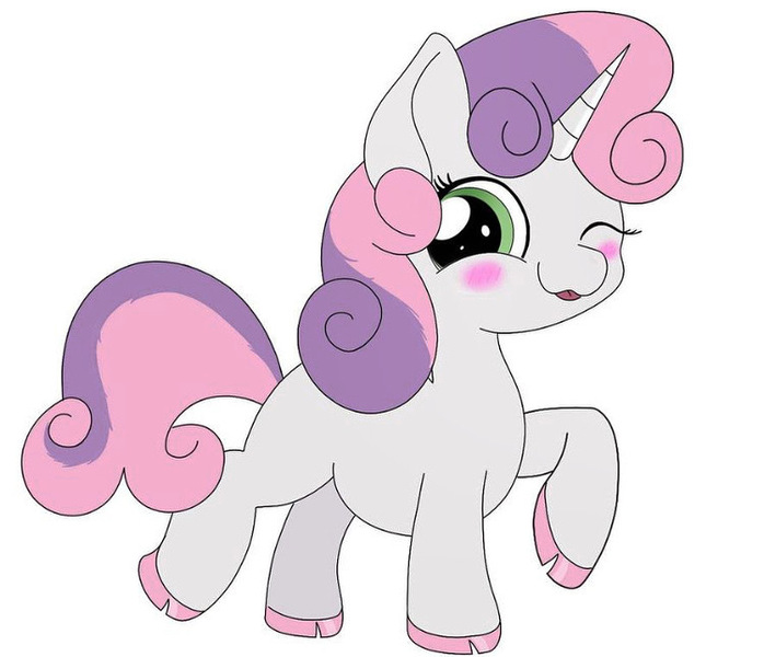 Size: 750x645 | Tagged: safe, artist:orcinuspony, derpibooru import, sweetie belle, pony, unicorn, blank flank, blushing, cloven hooves, cute, female, filly, image, jpeg, one eye closed, simple background, solo, white background, wink