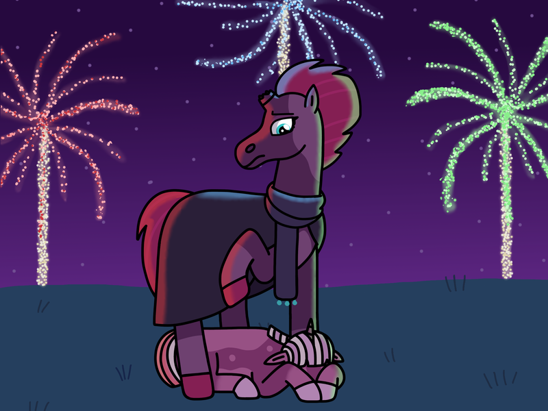 Size: 2048x1536 | Tagged: safe, artist:kindheart525, derpibooru import, fizzlepop berrytwist, tempest shadow, oc, oc:eclipse, pony, unicorn, auraverse, broken horn, female, fireworks, horn, image, magical lesbian spawn, mother and child, offspring, panic attack, parent:tempest shadow, parent:twilight sparkle, parents:tempestlight, png, story included