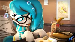 Size: 3840x2160 | Tagged: safe, artist:xenia-amata, derpibooru import, oc, oc:xenia amata, 3d, banana, breakfast, cute, drool, drool string, eggshell, fluffy, food, glasses, image, png, source filmmaker