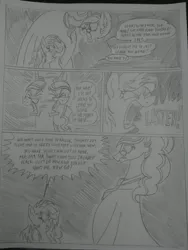 Size: 1944x2592 | Tagged: semi-grimdark, artist:princebluemoon3, author:bigonionbean, derpibooru import, oc, oc:glimmering scones, oc:rainbow tashie, earth pony, pony, unicorn, comic:the chaos within us, angry, argument, black and white, canterlot, canterlot castle, castle, clothes, comic, commissioner:bigonionbean, cutie mark, dialogue, female, fusion, fusion:glimmering scones, glasses, grayscale, horn, hugging a pony, image, jpeg, mare, monochrome, shocked, shocked expression, traditional art