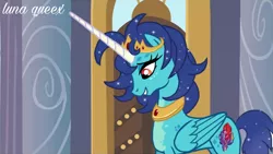 Size: 1920x1080 | Tagged: safe, artist:luna.queex, derpibooru import, edit, edited screencap, screencap, princess ember, ponified, alicorn, pony, alicornified, ethereal mane, eyelashes, female, grin, horn, image, indoors, jewelry, looking down, mare, peytral, png, race swap, smiling, solo, starry mane, tiara, wings