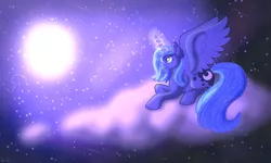 Size: 1280x768 | Tagged: safe, artist:disphyxia, derpibooru import, princess luna, alicorn, pony, cloud, female, full moon, glowing horn, horn, image, jpeg, lying down, moon, night, night sky, prone, s1 luna, shooting star, sky, solo