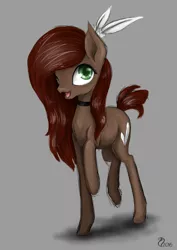 Size: 2480x3508 | Tagged: safe, artist:cvanilda, derpibooru import, oc, unofficial characters only, earth pony, pony, choker, earth pony oc, gray background, image, jpeg, open mouth, raised hoof, signature, simple background, smiling, solo