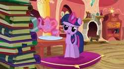 Size: 1280x720 | Tagged: safe, derpibooru import, screencap, twilight sparkle, pony, unicorn, spike at your service, book, cup, female, food, golden oaks library, image, library, mare, pillow, png, smiling, smirk, solo, tea, teacup, teapot, unicorn twilight