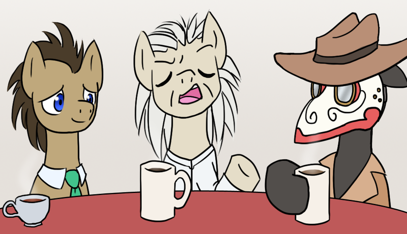 Size: 1000x576 | Tagged: safe, artist:howlsinthedistance, derpibooru import, doctor whooves, time turner, oc, oc:professor templetrot, ponified, earth pony, pony, back to the future, coffee, crossover, cup, doc brown, doctor who, food, image, implied time travel, male, mug, plague doctor, plague doctor mask, png, stallion, table, tea, the doctor, trio