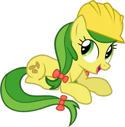 Size: 683x695 | Tagged: safe, artist:nano23823, derpibooru import, apple fritter, earth pony, pony, .svg available, apple family member, bow, eyelashes, female, hair bow, hard hat, image, lying down, mare, open mouth, png, prone, simple background, solo, transparent background, vector