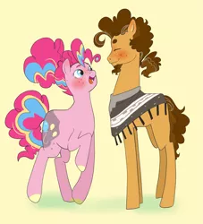 Size: 1749x1922 | Tagged: safe, artist:aztrial, derpibooru import, cheese sandwich, pinkie pie, earth pony, beard, blushing, cheesepie, clothes, facial hair, female, freckles, image, male, older, older cheese sandwich, older pinkie pie, png, poncho, ponytail, shipping, straight