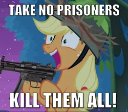 Size: 1071x939 | Tagged: safe, derpibooru import, edit, edited screencap, screencap, applejack, earth pony, pony, how applejack won the war, going to seed, caption, cropped, gun, hoof hold, image, image macro, kill them all, machine gun, png, snapplejack, solo, text, weapon