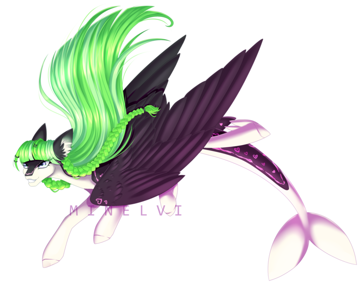 Size: 2679x2190 | Tagged: safe, artist:minelvi, derpibooru import, oc, unofficial characters only, hybrid, pegasus, pony, augmented tail, ear fluff, grin, image, pegasus oc, png, signature, simple background, smiling, solo, transparent background, wings