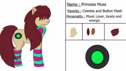 Size: 1280x720 | Tagged: safe, artist:schumette14, derpibooru import, oc, oc:muss, unofficial characters only, earth pony, pony, clothes, headphones, image, jpeg, next generation, old design, parent:button mash, parent:princess celestia, parents:buttonlestia, simple background, socks, solo, striped socks, white background