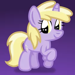 Size: 768x768 | Tagged: safe, artist:apronspawn, derpibooru import, dinky hooves, pony, unicorn, cute, cutie mark, dinkabetes, female, filly, hooves, image, png, purple background, simple background, smiling, sparkles