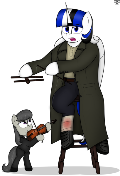 Size: 1808x2652 | Tagged: safe, artist:schwarzesskreuz, derpibooru import, octavia melody, oc, oc:jett linndemann, alicorn, earth pony, pony, alicorn oc, blood, chair, cute, doll, horn, image, musical instrument, png, puppet, simple background, size difference, small, toy, transparent background, violin, wings