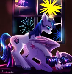 Size: 2667x2760 | Tagged: suggestive, artist:cali luminos, derpibooru import, shining armor, twilight sparkle, twilight sparkle (alicorn), alicorn, pony, unicorn, ahegao, brother and sister, commission, face down ass up, fanart, featureless crotch, female, fireworks, image, implied anal, implied sex, incest, infidelity, infidelity armor, jpeg, male, mare, new years eve, open mouth, shiningsparkle, shipping, siblings, stallion, straight, tongue out, twicest, window, ych result