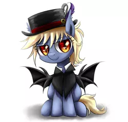 Size: 2432x2328 | Tagged: safe, artist:ce2438, derpibooru import, oc, oc:vesper flare, unofficial characters only, bat pony, pony, clothes, female, filly, hat, image, png, simple background, solo, white background