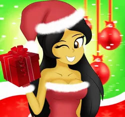 Size: 1466x1376 | Tagged: safe, artist:danielitamlp, derpibooru import, oc, oc:danielita, unofficial characters only, equestria girls, bare shoulders, breasts, christmas, cleavage, clothes, equestria girls-ified, female, gloves, holding, holiday, image, jpeg, one eye closed, present, solo, strapless, wink