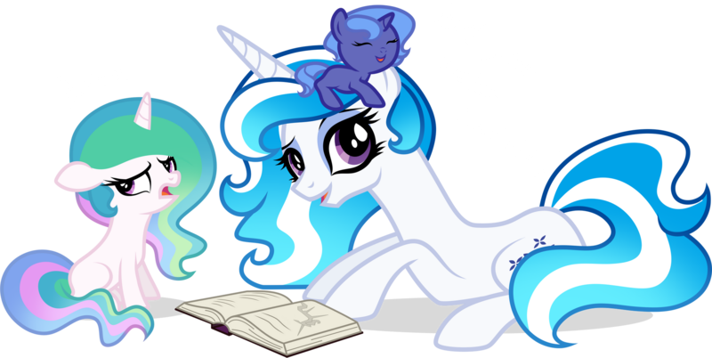 Size: 1920x965 | Tagged: safe, artist:helenosprime, derpibooru import, majesty, princess celestia, princess luna, pony, book, cewestia, female, filly, g1 to g4, generation leap, image, lying down, png, pony hat, prone, simple background, transparent background, woona, younger