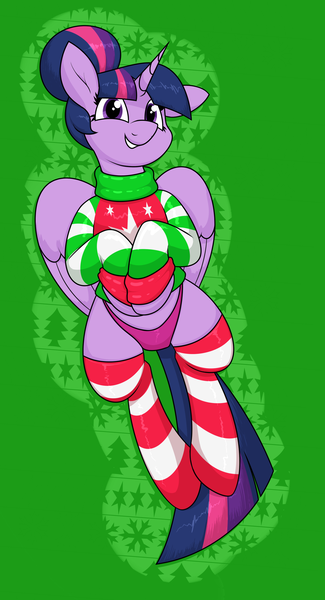 Size: 1420x2620 | Tagged: suggestive, artist:moonatik, derpibooru import, twilight sparkle, twilight sparkle (alicorn), alicorn, pony, abstract background, alternate hairstyle, christmas, christmas stocking, christmas sweater, clothes, crossed hooves, female, hair bun, holiday, horn, image, looking at you, lying down, mare, panties, png, secret santa, socks, solo, striped socks, sweater, thigh highs, underwear, wings