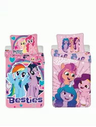 Size: 3106x4096 | Tagged: safe, derpibooru import, fluttershy, izzy moonbow, pinkie pie, pipp petals, rainbow dash, sunny starscout, twilight sparkle, twilight sparkle (alicorn), alicorn, earth pony, pegasus, pony, unicorn, bed, bedsheets, better forever, g4, g5, image, jpeg