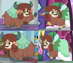 Size: 1138x990 | Tagged: safe, derpibooru import, edit, edited screencap, screencap, gallus, yona, yak, a rockhoof and a hard place, she's all yak, the last problem, bow, cloven hooves, comparison, female, hair bow, image, monkey swings, older, older yona, png