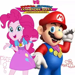 Size: 1080x1080 | Tagged: safe, artist:eddazzling81, artist:sugar-loop, derpibooru import, pinkie pie, human, equestria girls, crossover, crossover shipping, female, gold medal, image, jpeg, london 2012, male, mario, mario & sonic, mario & sonic at the london 2012 olympic games, mario & sonic at the olympic games, mario and sonic, mario and sonic at the olympic games, mariopie, metal, nintendo, olympics, shipping, straight, super mario bros.