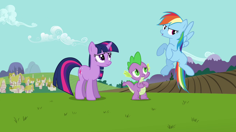 Size: 1280x720 | Tagged: safe, derpibooru import, screencap, rainbow dash, spike, twilight sparkle, dragon, pegasus, pony, unicorn, keep calm and flutter on, female, image, male, mare, png, unicorn twilight