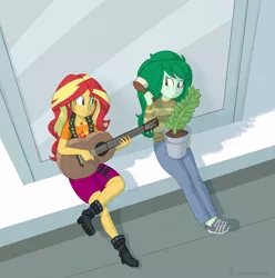 Size: 1070x1080 | Tagged: safe, artist:carnifex, derpibooru import, sunset shimmer, wallflower blush, equestria girls, acoustic guitar, boots, brush, clothes, commission, courtyard, duo, flower pot, geode of empathy, guitar, image, jpeg, legs, magical geodes, musical instrument, pants, potted plant, shoes, sitting, skirt, wallflower and plants