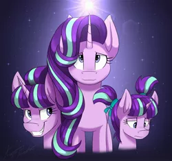 Size: 3300x3100 | Tagged: safe, artist:kaylerustone, derpibooru import, starlight glimmer, pony, unicorn, age progression, bust, evil grin, female, filly, filly starlight glimmer, gradient background, grin, image, jpeg, looking down, looking up, mare, pigtails, redraw, s5 starlight, sad, smiling, solo, stars, through the years, younger