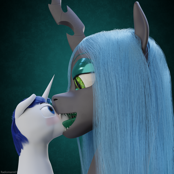 Size: 2048x2048 | Tagged: safe, alternate version, artist:radiomann01, derpibooru import, queen chrysalis, shining armor, changeling, changeling queen, pony, unicorn, 3d, blushing, drool, drool string, duo, fangs, female, femdom, horn, image, infidelity, larger female, licking, long hair, male, mane, mawplay, open mouth, png, prisoner, render, salivating, sharp teeth, shining chrysalis, shipping, simple background, size difference, smaller male, smiling, straight, teeth, tongue out, uncertain