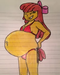 Size: 773x960 | Tagged: suggestive, artist:whansinnflares, derpibooru import, apple bloom, equestria girls, belly, belly button, big belly, bikini, bow, breasts, clothes, female, image, jpeg, older, older apple bloom, paper, photo, pregnant, pregnant apple bloom, solo, swimsuit