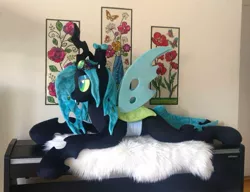 Size: 1140x877 | Tagged: safe, artist:purplenebulastudios, derpibooru import, queen chrysalis, changeling, goggles, image, irl, jpeg, life size, lying down, photo, plushie, prone, solo