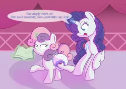 Size: 1810x1280 | Tagged: suggestive, artist:zalakir, derpibooru import, rarity, sweetie belle, book, diaper, diaper fetish, female, fetish, image, levitation, magic, non-baby in diaper, png, poofy diaper, smug, speech bubble, telekinesis