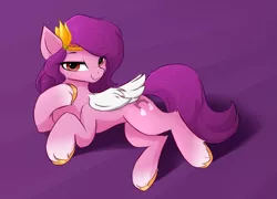 Size: 1805x1296 | Tagged: safe, artist:d.w.h.cn, derpibooru import, pipp petals, pegasus, pony, female, g5, image, jewelry, looking at you, lying down, mare, png, smiling, solo, tiara, unshorn fetlocks