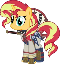 Size: 3012x3220 | Tagged: safe, artist:sketchmcreations, derpibooru import, sunset shimmer, pony, unicorn, bandages on wrist, clothes, cosplay, costume, female, hat, hyrule warriors, hyrule warriors: age of calamity, image, impa, katana, kunai, mare, ninja, png, sheikah, shin guards, simple background, sword, the legend of zelda, the legend of zelda: breath of the wild, transparent background, vector, weapon