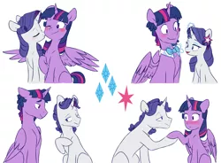 Size: 5937x4368 | Tagged: safe, artist:chub-wub, derpibooru import, rarity, twilight sparkle, twilight sparkle (alicorn), alicorn, pony, unicorn, alternate hairstyle, bedroom eyes, blushing, bowtie, dusk shine, ear piercing, earring, elushine, elusive, eyes closed, eyeshadow, female, gay, glowing horn, half r63 shipping, holding hooves, hoof hold, horn, image, jewelry, jpeg, kiss on the cheek, kissing, lesbian, magic, makeup, male, mare, missing cutie mark, one eye closed, open mouth, piercing, raised hoof, rarilight, rarishine, rule 63, shipping, simple background, sitting, stallion, straight, twilusive, white background, wink