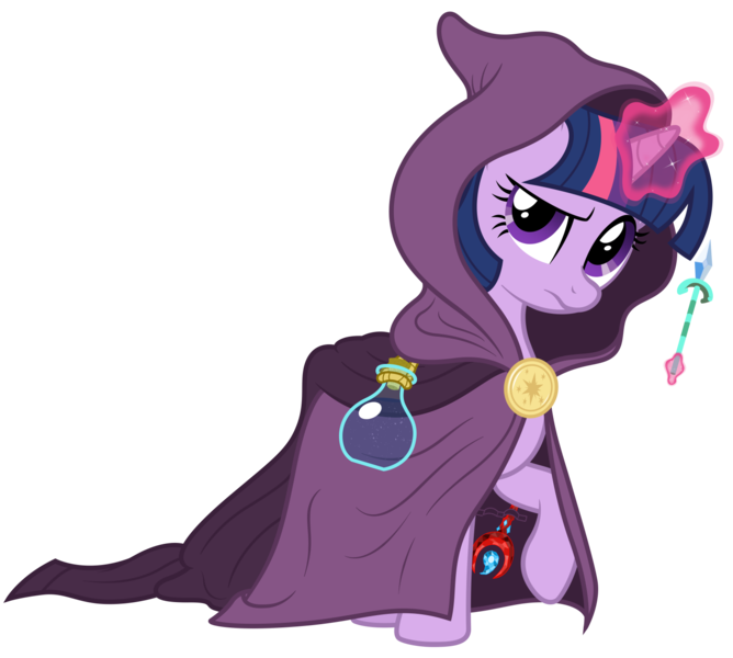 Size: 1496x1343 | Tagged: safe, artist:niggerfaggot, derpibooru import, twilight sparkle, pony, unicorn, brooch, cape, cloak, clothes, crossover, female, flask, frown, image, jewelry, magic, mare, medallion, noita, png, raised eyebrow, raised hoof, unicorn twilight, vector, wand