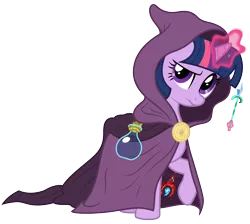 Size: 1496x1343 | Tagged: safe, artist:niggerfaggot, derpibooru import, twilight sparkle, pony, unicorn, brooch, cape, cloak, clothes, crossover, female, flask, frown, image, jewelry, magic, mare, medallion, noita, png, raised eyebrow, raised hoof, unicorn twilight, vector, wand