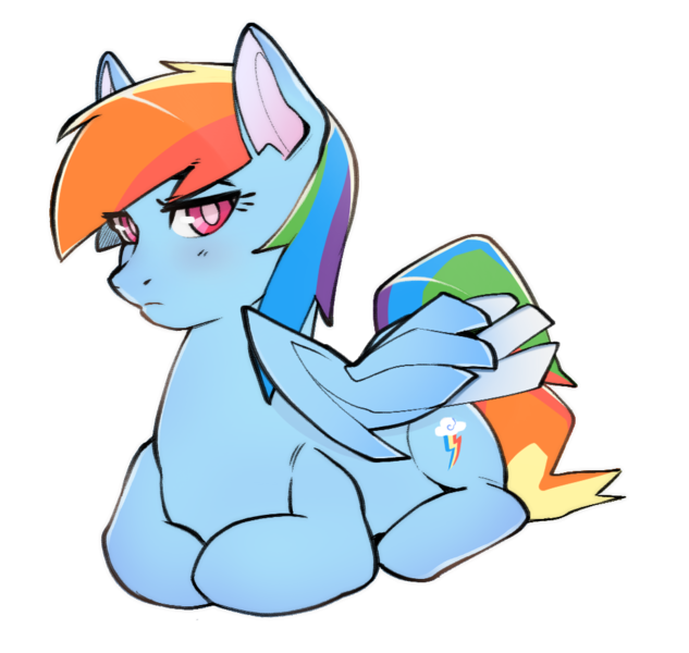 Size: 977x926 | Tagged: safe, artist:sugarelement, derpibooru import, rainbow dash, pegasus, pony, backwards cutie mark, behaving like a cat, grumpy, grumpy dash, image, looking at you, png, ponyloaf, simple background, sitting, solo, transparent background, white pupils