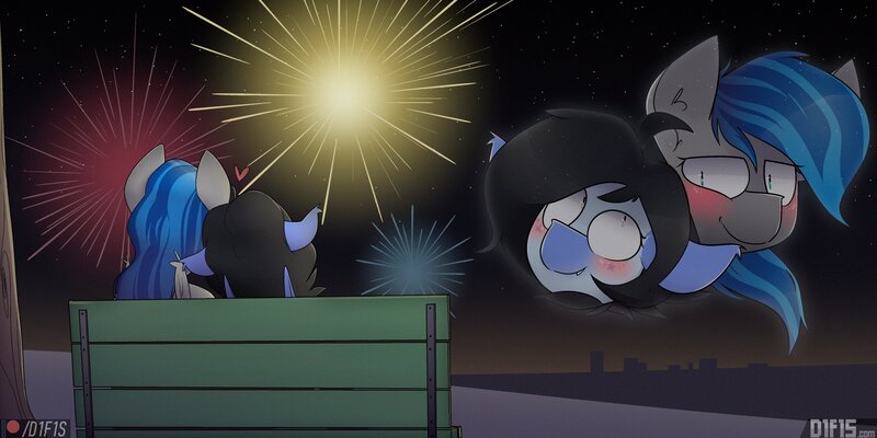 Size: 2048x1024 | Tagged: safe, artist:difis, derpibooru import, oc, oc:bibbo, oc:mitzy, unofficial characters only, bat pony, pegasus, pony, bat pony oc, bat wings, bench, blushing, cuddling, duo, ear fluff, female, fireworks, freckles, heart, image, jpeg, looking at each other, mare, new year, night, sitting, wings