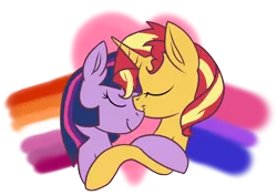 Size: 1452x1022 | Tagged: safe, artist:erenerakhard, derpibooru import, sunset shimmer, twilight sparkle, pony, unicorn, bisexual pride flag, digital art, female, hug, image, lesbian, lesbian pride flag, nuzzling, png, pride, pride flag, shipping, simple background, sunsetsparkle, transparent background