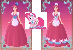 Size: 912x620 | Tagged: safe, artist:azaleasdolls, artist:craz4knux, derpibooru import, pinkie pie, earth pony, human, pony, clothes, dress, female, gala dress, humanized, image, jpeg, mare, open mouth, screencap reference, smiling