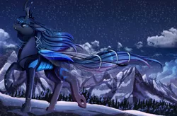 Size: 3509x2300 | Tagged: safe, artist:pridark, derpibooru import, oc, oc:queen lahmia, unofficial characters only, changeling, blue changeling, changeling oc, cloud, commission, high res, image, mountain, mountain range, night, night sky, png, scenery, scenery porn, sky, solo, stars, tree