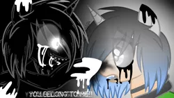 Size: 1280x720 | Tagged: safe, artist:juliet-gwolf18, derpibooru import, oc, oc:sketchy, unofficial characters only, alicorn, goo, goo pony, original species, pony, alicorn oc, black sclera, black tears, bust, choker, clothes, corrupted, duo, female, glowing eyes, hoof shoes, horn, image, mare, open mouth, png, raised hoof, smiling, transformation, wings